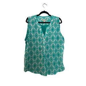 Hanna & Gracie Sleeveless V-neck 1/2 Button Up Green and White Blouse Top Sz XXL